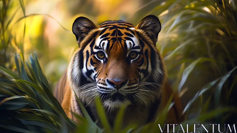 Tiger stares directly from dense foliage in soft jungle light