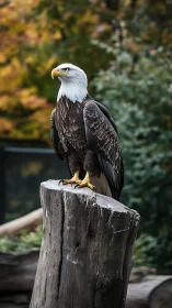 Bald eagle standing alert on weathered tree stump outdoors.