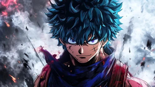 Battle-worn anime hero rendered with dynamic lighting and debris field