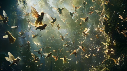 Iridescent forest sprites surge upward through radiant mist