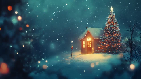 Digital painting of snowy cottage and illuminated Christmas tree.