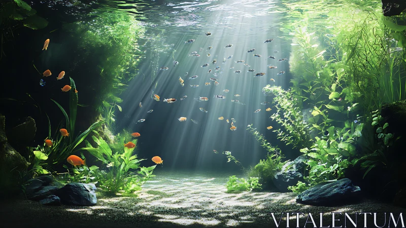 Sunlit underwater garden welcomes a lively school of fish