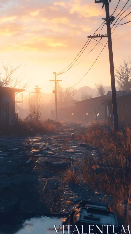 Sunrise ghosts wander a broken post-apocalyptic street.
