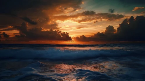 Clouded ocean horizon under low sun with active surf zone.