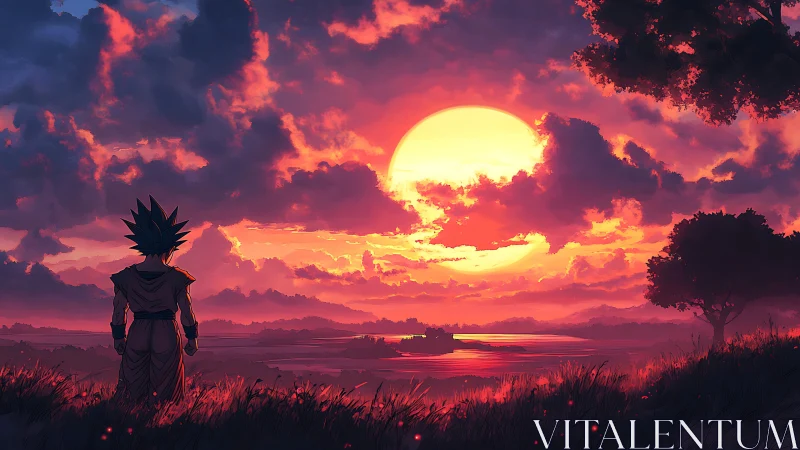 Warrior silhouette under hyper-saturated anime sunset sky.