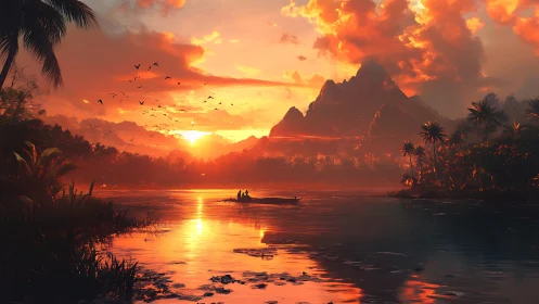 Tropical river at sunset with distant mountain and canoe.