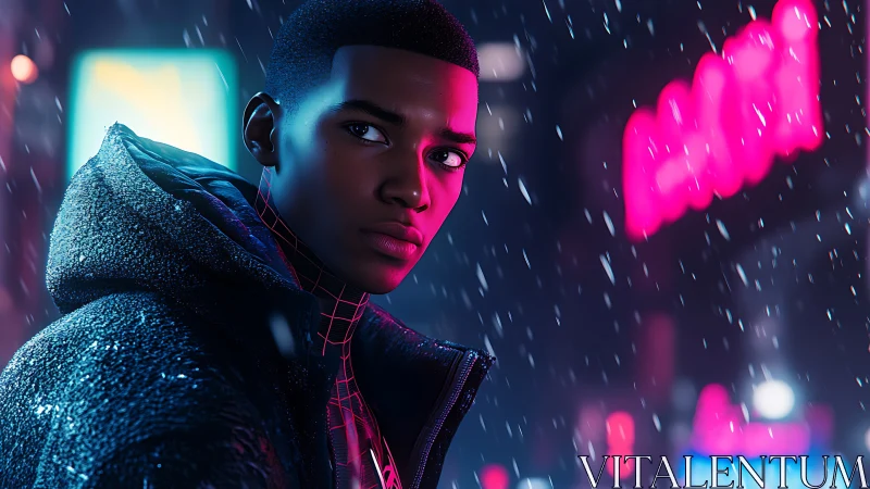 Neon city snowfall wraps a young hero in quiet resolve