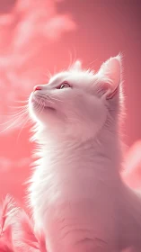 White Cat Portrait Against Soft Pink Gradient Background.