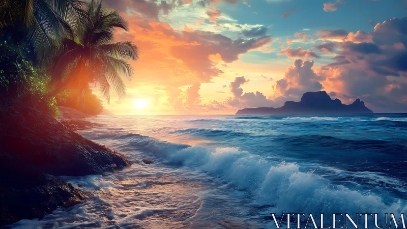 Tropical Paradise Sunset Over Ocean Waves.