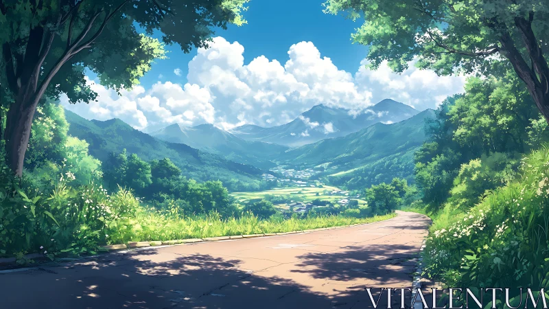 Mountain valley road under clear summer sky panorama.