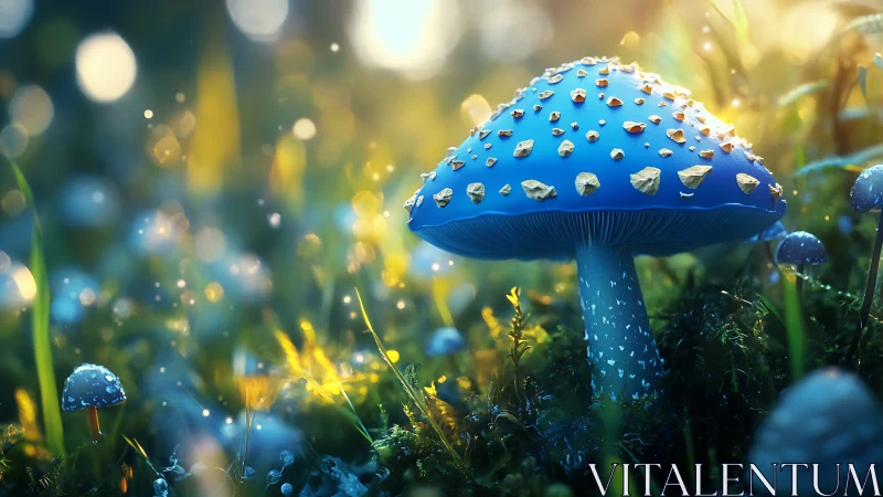 Blue mushroom with golden speckles stands in glowing forest