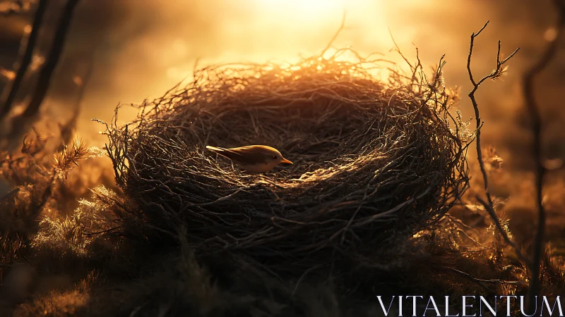 Sunlit woodland cradle holding a lone resting songbird.