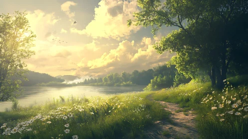 Sunlit riverside path with wildflowers under glowing sky.