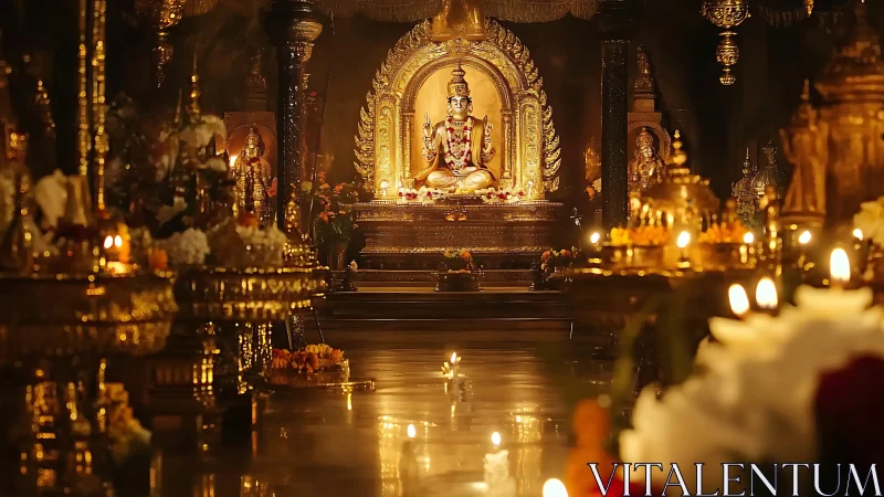 Gilded Hindu shrine interior with central deity and oil lamps