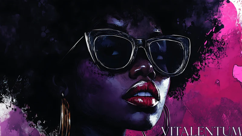 Digital portrait shows figure in sunglasses against magenta field