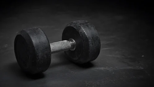 Single black dumbbell rests on a dark textured surface