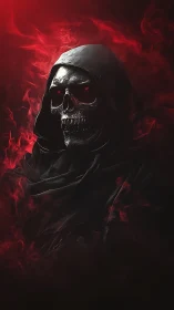 Hooded skeletal figure stares forward in red swirling smoke