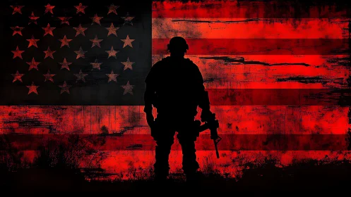 Silhouetted soldier standing strong before bold US flag.