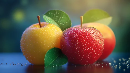 Two dew covered apples rest on reflective blue surface