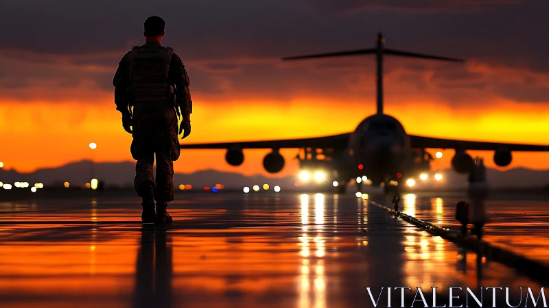 Military figure silhouetted against runway aircraft at dusk.