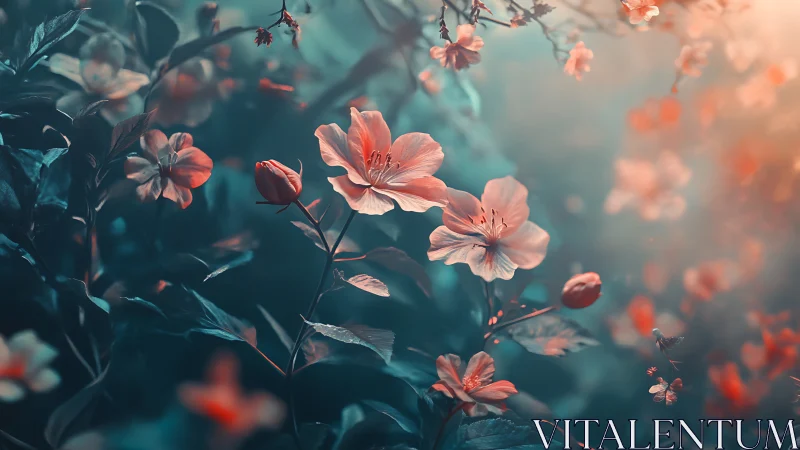 Soft-focused floral arrangement showcasing delicate salmon-pink petals with selective depth composit