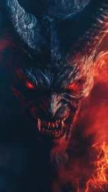 Horned demonic creature portrait amid red flame and smoke.