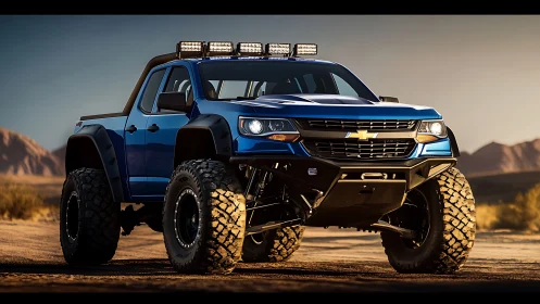 Photorealistic lifted pickup truck with desert off-road configuration.