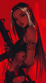 Weapon-carrying female character in red-toned digital art.