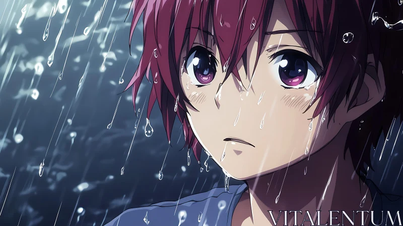 Anime boy with red hair stands in heavy rain, eyes distant.
