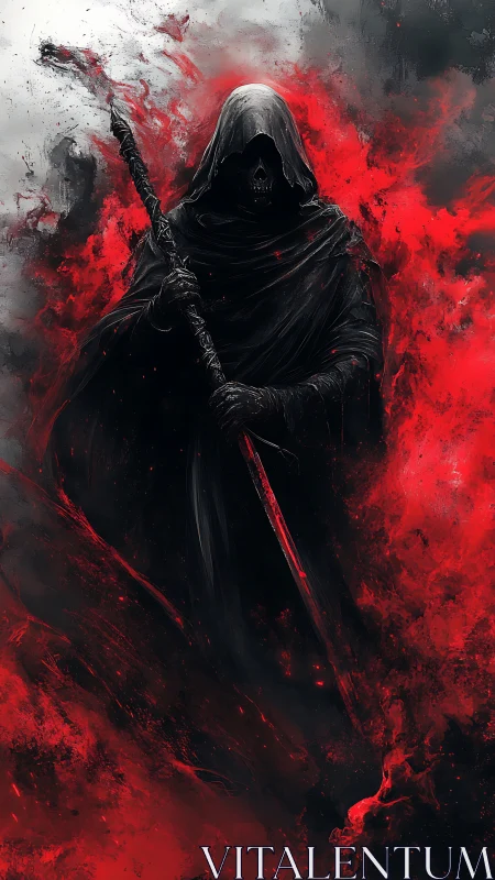 Hooded skeletal warrior with staff in red swirling flames.