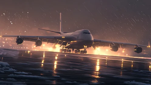 Storm-lit jumbo jet roars down a rain-soaked runway.