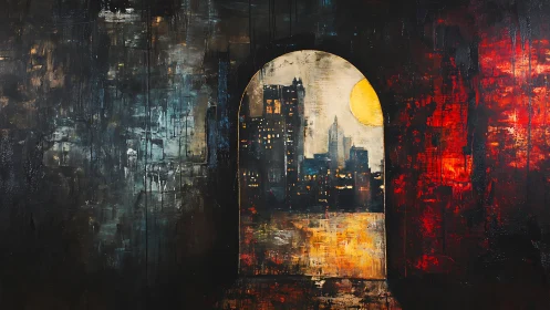 City skyline glows through a moody doorway of shadow and light