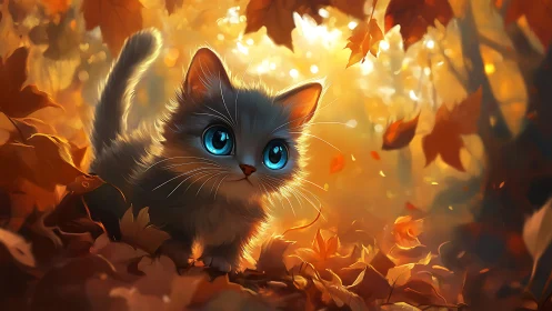 Feline Subject with Heterochromia-Like Cerulean Eyes Rendered in Luminous Autumn Environment