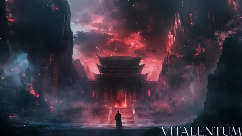 Solitary figure faces temple structure within volcanic ravine