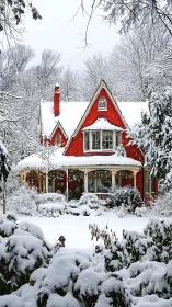 Red Victorian house stands bright amid deep winter snow