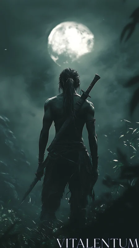 Warrior silhouette with sword under full moon in forest.