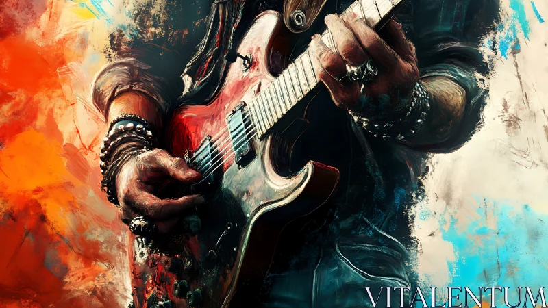 Electric guitarist close-up with abstract color background.