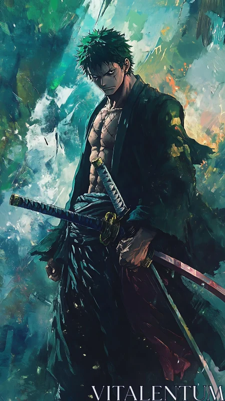 Battle-worn swordsman rendered in dynamic anime brushwork