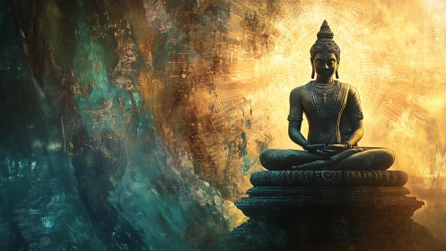 Bronze Buddha statue sits centered before radiant halo