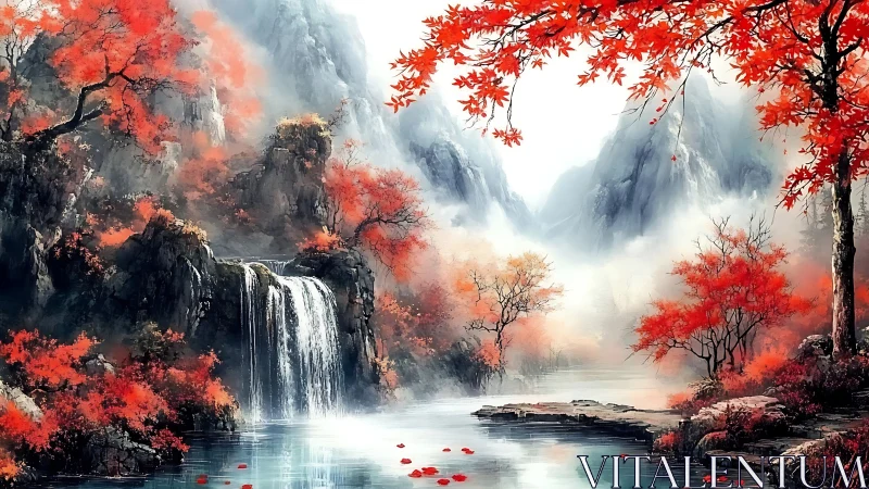 Crimson autumn gorge with cascading waterfall and river mist.
