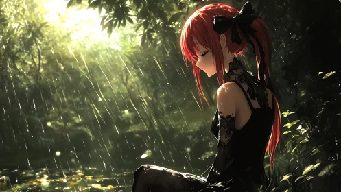 Red haired girl in black lace dress under forest rain.
