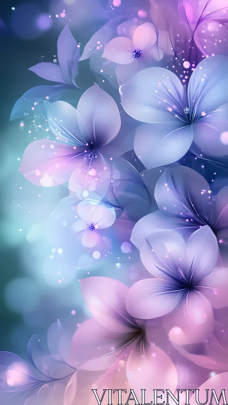 Ethereal Petals Dance: Luminous Florals in Purple Dreamscape.