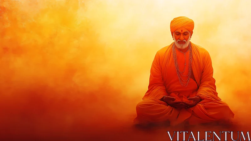 Meditating monk sits in radiant orange spiritual glow.