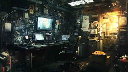 Cyberpunk command bunker with multi-monitor hacking setup.