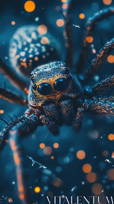 Bioluminescent macro study of a jumping spider in bokeh field.