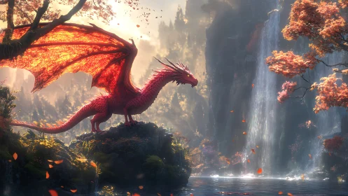 Red dragon on rocky ledge beside forest waterfall at dusk.