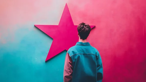 Chromatic portrait of figure facing magenta star wall plane.