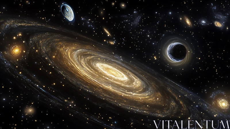 Spiral galaxy field with luminous cores and dark voids depicted.