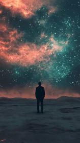 Silhouette under cosmic nebula sky on lonely alien plain.