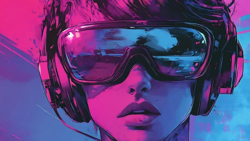 Neon-drenched cyber-portrait with reflective VR visor optics.
